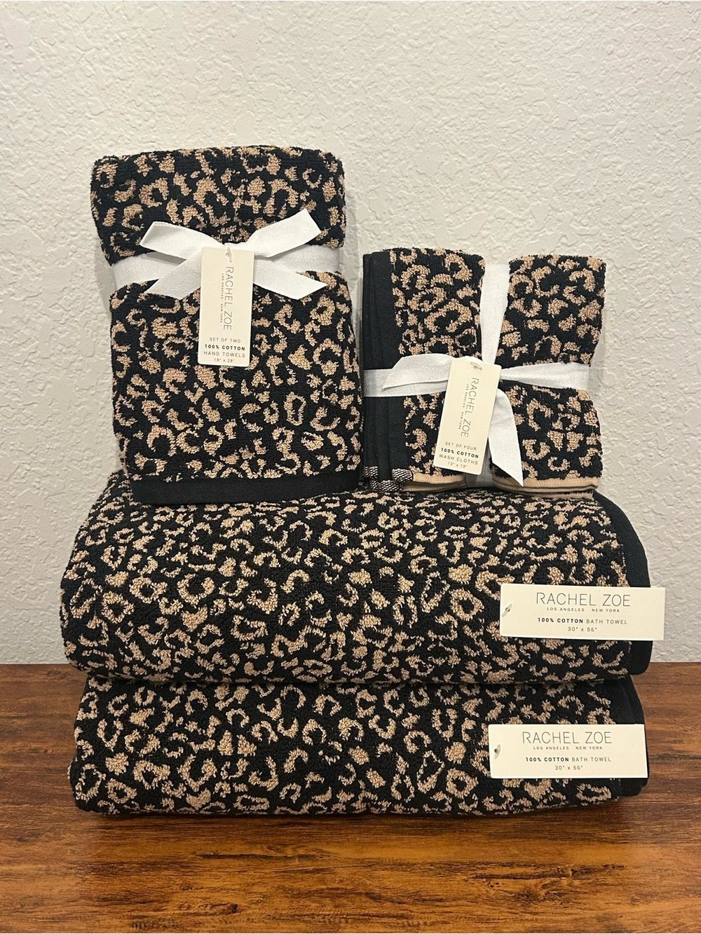 NWT Rachel Zoe 8-Piece Reversible Leopard Cheetah 100% Cotton Bath Towel Set